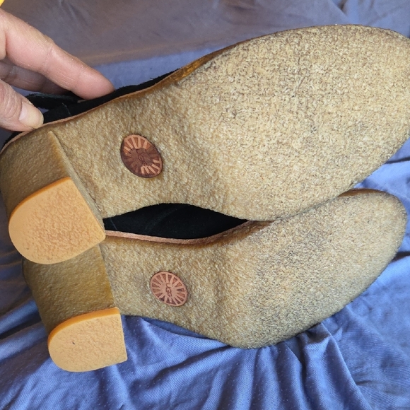 UGG Women's Black Suede Ankle Booties with Tan Heel - Picture 6 of 9